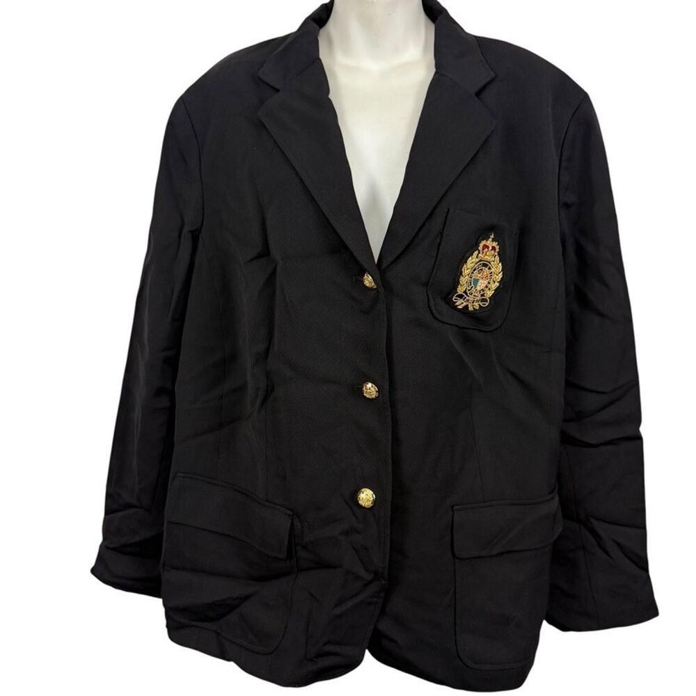 Lauren Ralph Lauren Womens Embroidered Crest Black 100% Wool Blazer Jacket 20 W